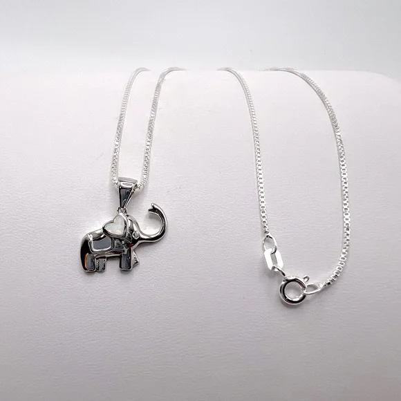 .925 Sterling Silver Elephant Necklace with Lab Opal Heart Ear